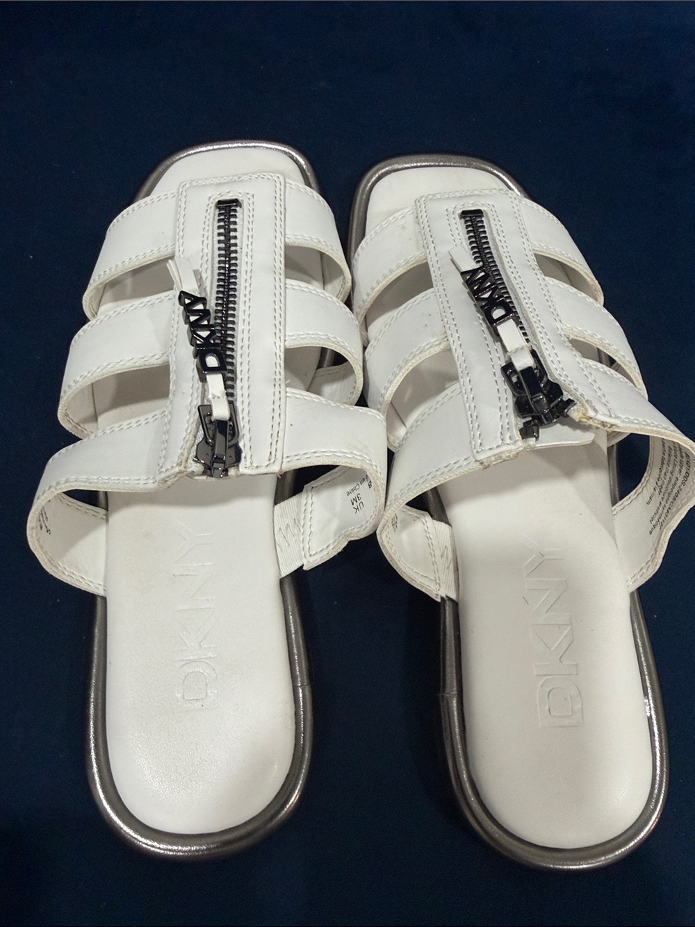 DKNY White Leather Strappy Slide Sandals with Center Zipper